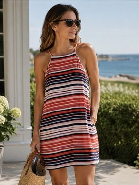Tommy Hilfiger Striped Halter Shift Dress Linen Preppy Coastal Old Money EUC 14